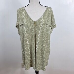 Flower & Feather Tunic Top Womens 2XL Green Tribal Print Zip V-Neck Boho Casual